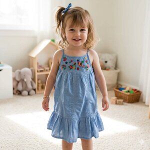 CAT & JACK Toddler Blue Chambray Floral Embroidered Dress 3T EUC